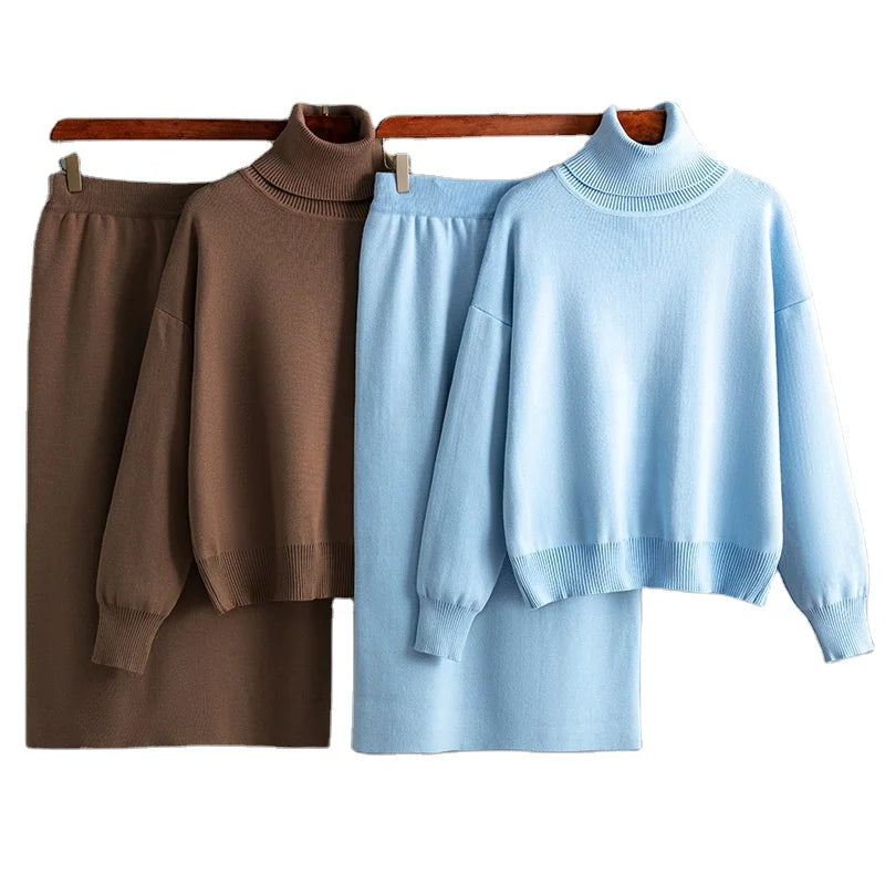 Women's Clothes Solid Color Turtleneck Sweater Half Body Hip Skirt Two Piece Set Ladies Fall Winter New Knitwear Women Sets
