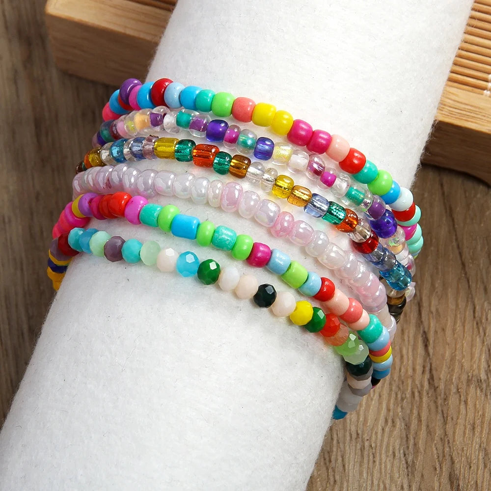 Bohemian Women Custom Acrylic Seed Beads Elastic Bracelet 6pc Multi Color Resin Crystal Glass Beads Children Stack Bracelet Set