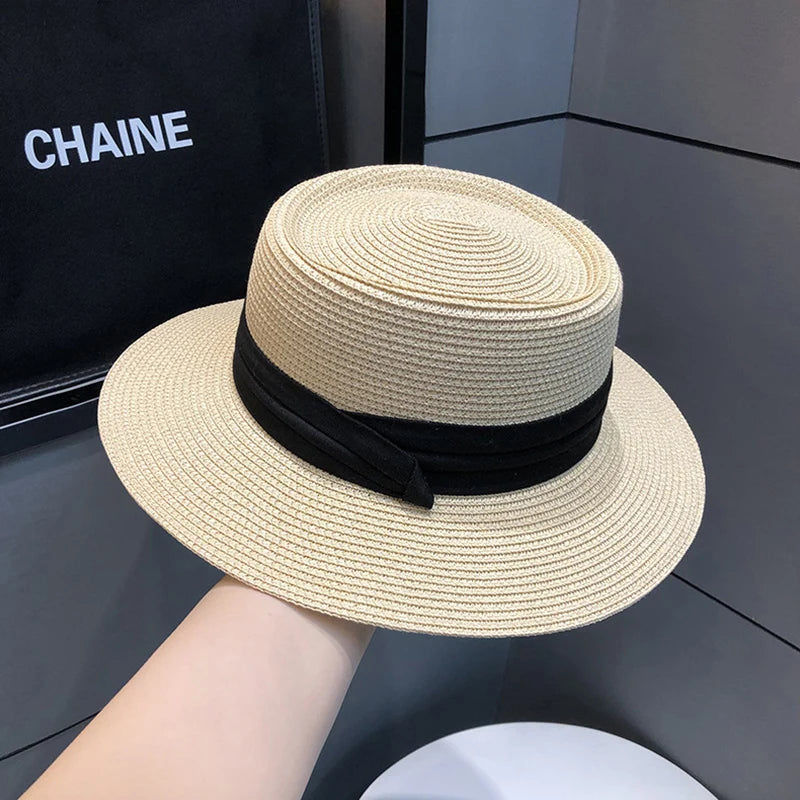Fancy Anti-Sun UV Protection Women's Straw Hat Outdoor Casual Travel Beach Fedora Panama Hat with Paper Straw Material