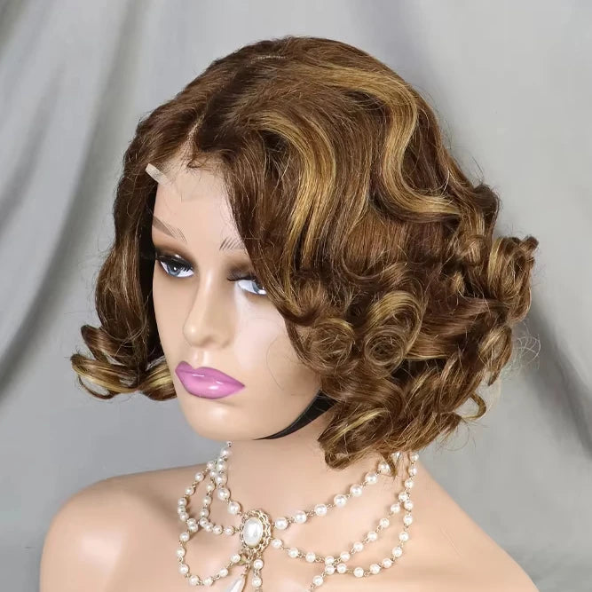 Cheap Loose Curly Pixie Cut Wig 4/27 Mixed Color Short Bob Human Hair 4x4 Transparent Lace Frontal Closure Wig for Women