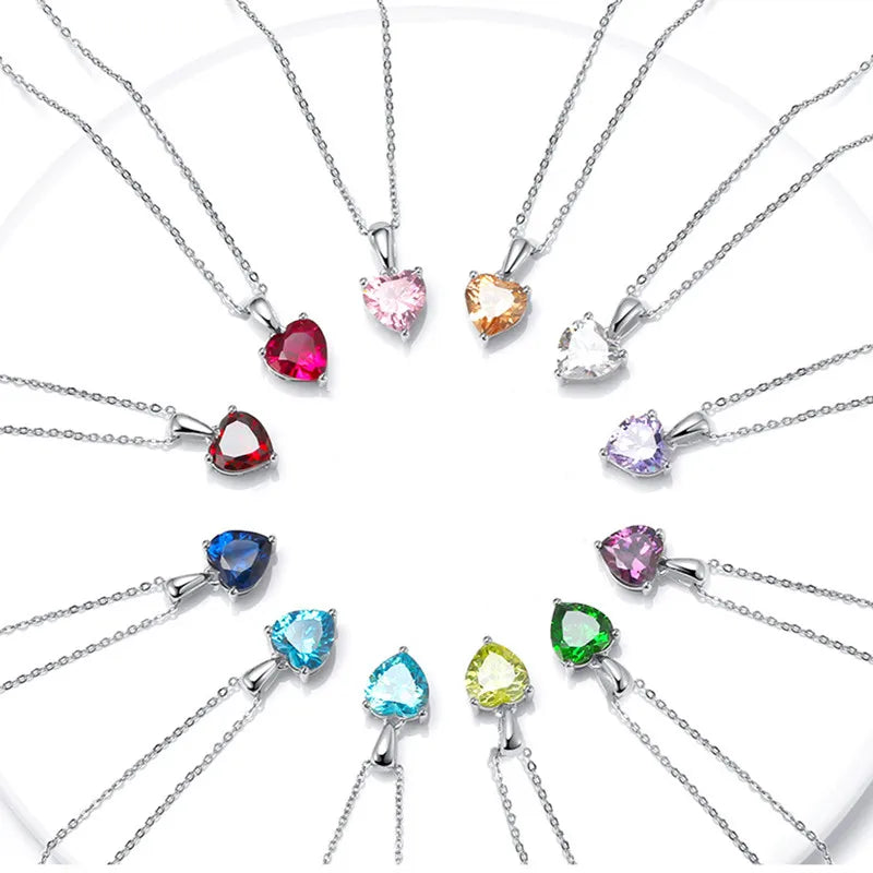 Fashion Birthstone 925 Sterling Silver Cubic Zircon Heart Pendant Necklace
