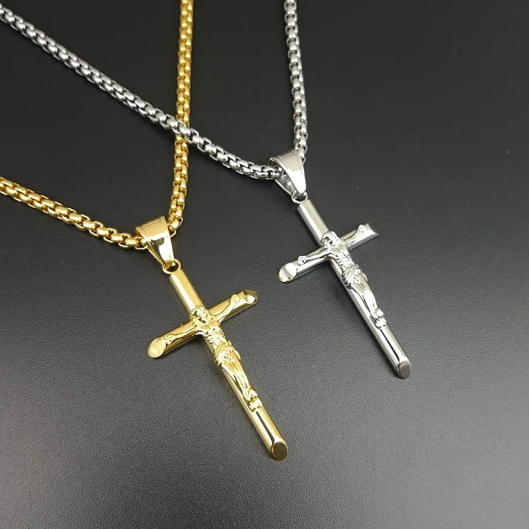 High Quality New Design Hip Hop Gold Plated Stainless Titanium Steel Jesus Cross Christian Pendant Necklace Men