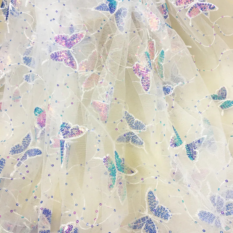 Sequin Embroidery Butterfly Wedding Dress Mesh Net Fabric 100% Polyester Swimwear Accessories Silver