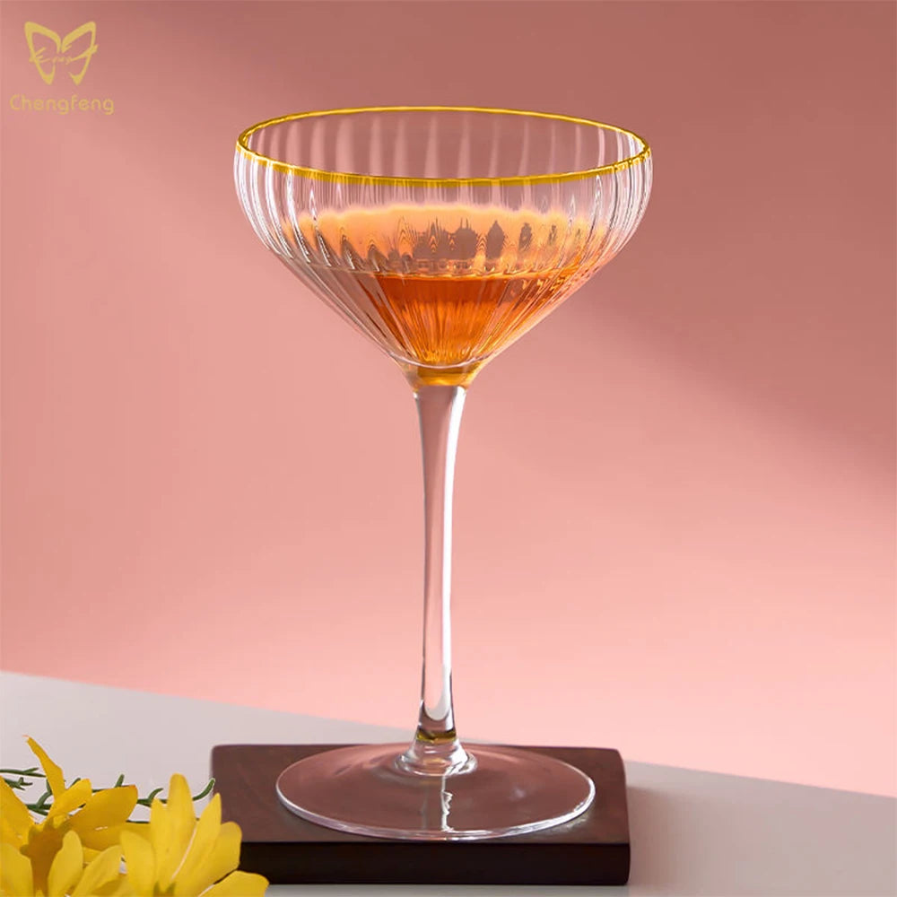 210ml Transparent Glass Optical Stripes Crystal Cocktail Glasses Vintage Champagne Coupes Elegant Stemware
