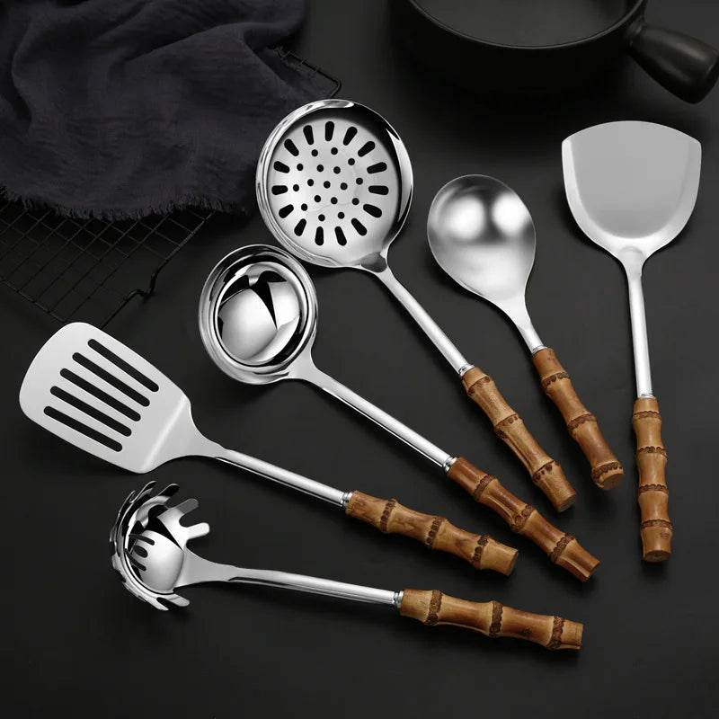 Kitchenware and Tableware Set with Stainless Steel Bamboo Handle Soup Spoon Strainer Spatula for Cooking Household Utensils