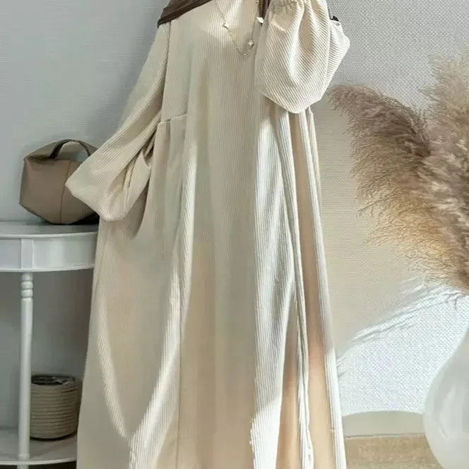 Modest Winter Woman Elegant Warm Abaya Dress Casual Bubble Sleeves Solid Color Corduroy Fabric Robe for Woman L342 MegaBDM
