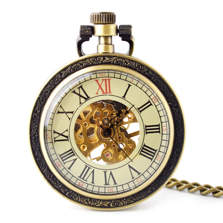 Mechanical Hand Wind Pocket Watch Men Women Retro Necklace Steampunk Skeleton Roman Number Clock