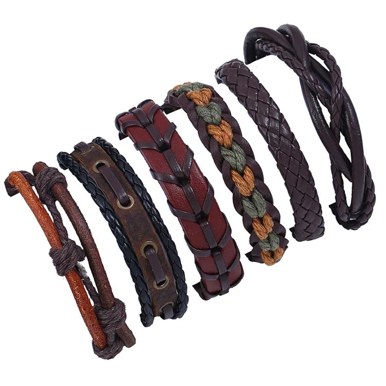 Punk Style Handmade Braided Wax Cord Multi Layered Adjustable Wrap Genuine Cow Leather Bracelet Set Jewelry for Men