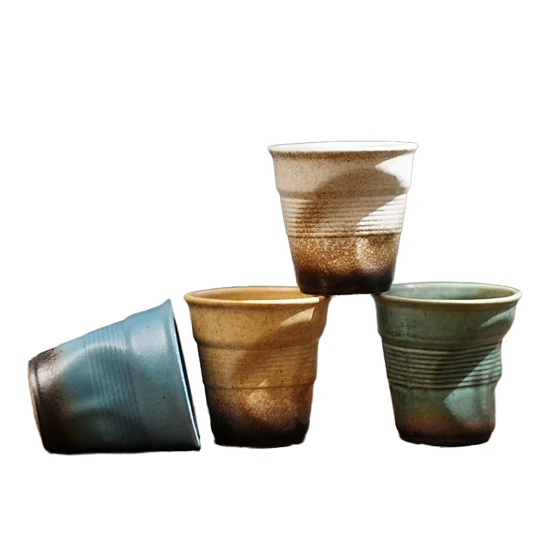90ml Retro Stoneware Hand-Kneaded Espresso Cup Creative Cross-Border Ancient Ceramic Latte Cup with Pleated Design Coffee Mug