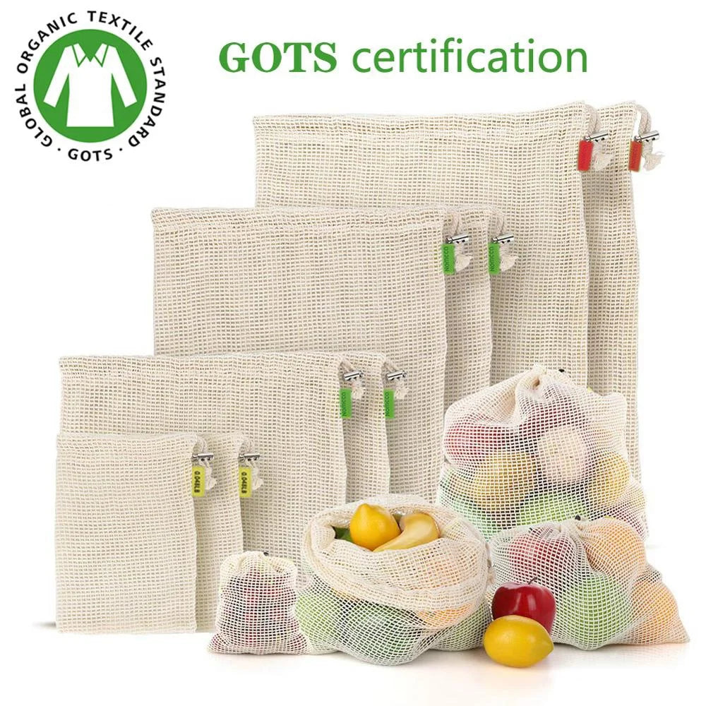 4 Sizes Customized Packaging Bags Fruit and Vegetable Storage Pouch Cotton Drawstring Mesh Grocery Fruits Bag Net Shopping Bag
