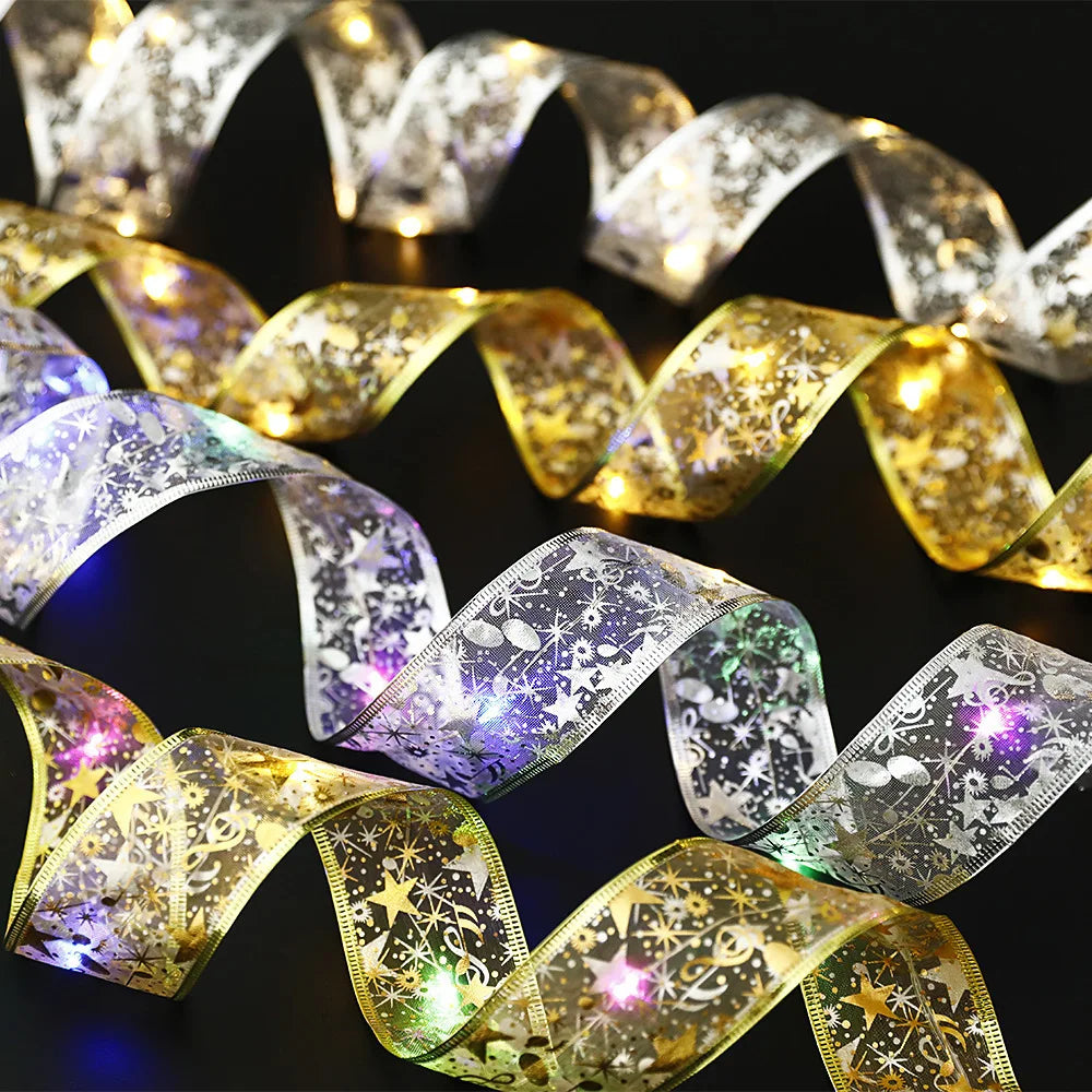 Xmas Birthday Ribbon Gift Box Straps Lights Battery Operated String Lights Christmas Tree Decoration