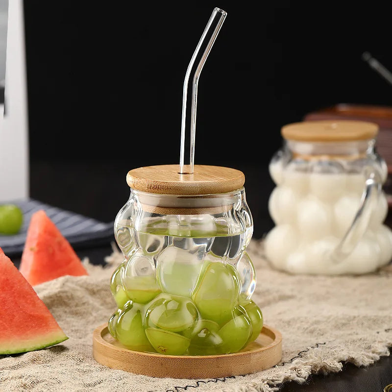 MSH 350ml Ins Style Breakfast Oat Grape Shape Latte Coffee Glass Cup Mug With Lid With Straw