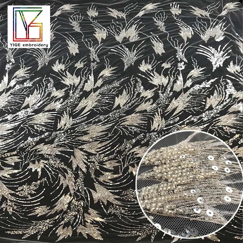 Wholesale Sequin Textile Fabric White Tulle Lace Silver Beaded Bridal Luxury Lace Fabric Embroidered Fabric for Dress