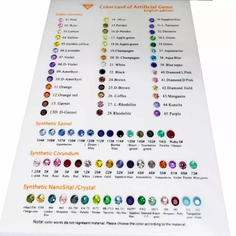 Synthetic Gems Color Card of Artificial Gems Cubic Zirconia Corundum Spinel Nano Crystal Gemstones Color Chart Diamond Tools