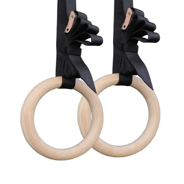 Sunshine Commercial Wood Gym Rings with Nylon Straps-Durable Black for Cross Fitness Training (6.9" Custom Logo Available)