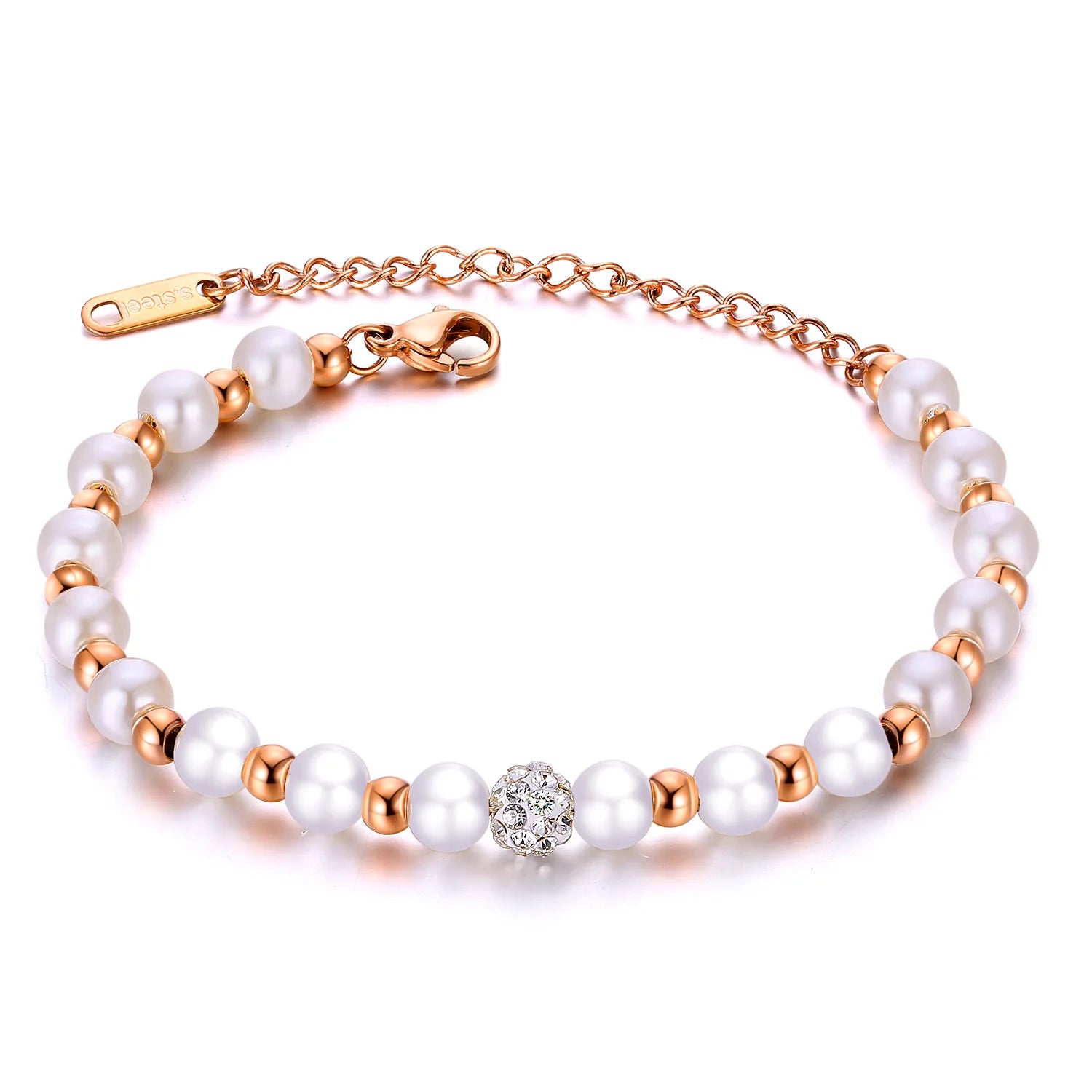 Wholesale Classic Fashion Jewelry Ocean Stainless Steel Pearl Rose Gold Plated Pave Crystal Ball Beaded Charm Bracelet Women