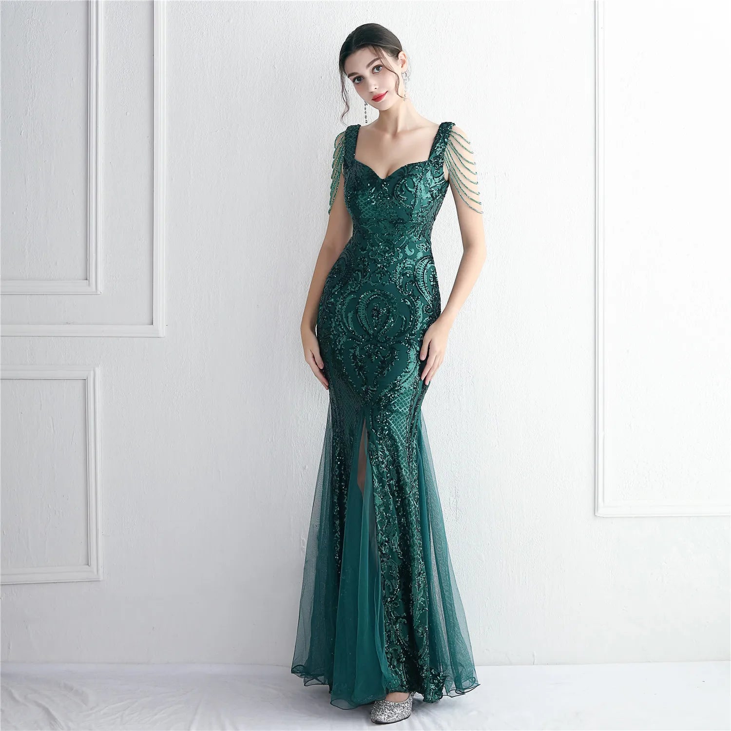 19618# Banquet Slim-fit Evening Temperament Elegant Bead Mesh Technology Beaded Party Dress Long