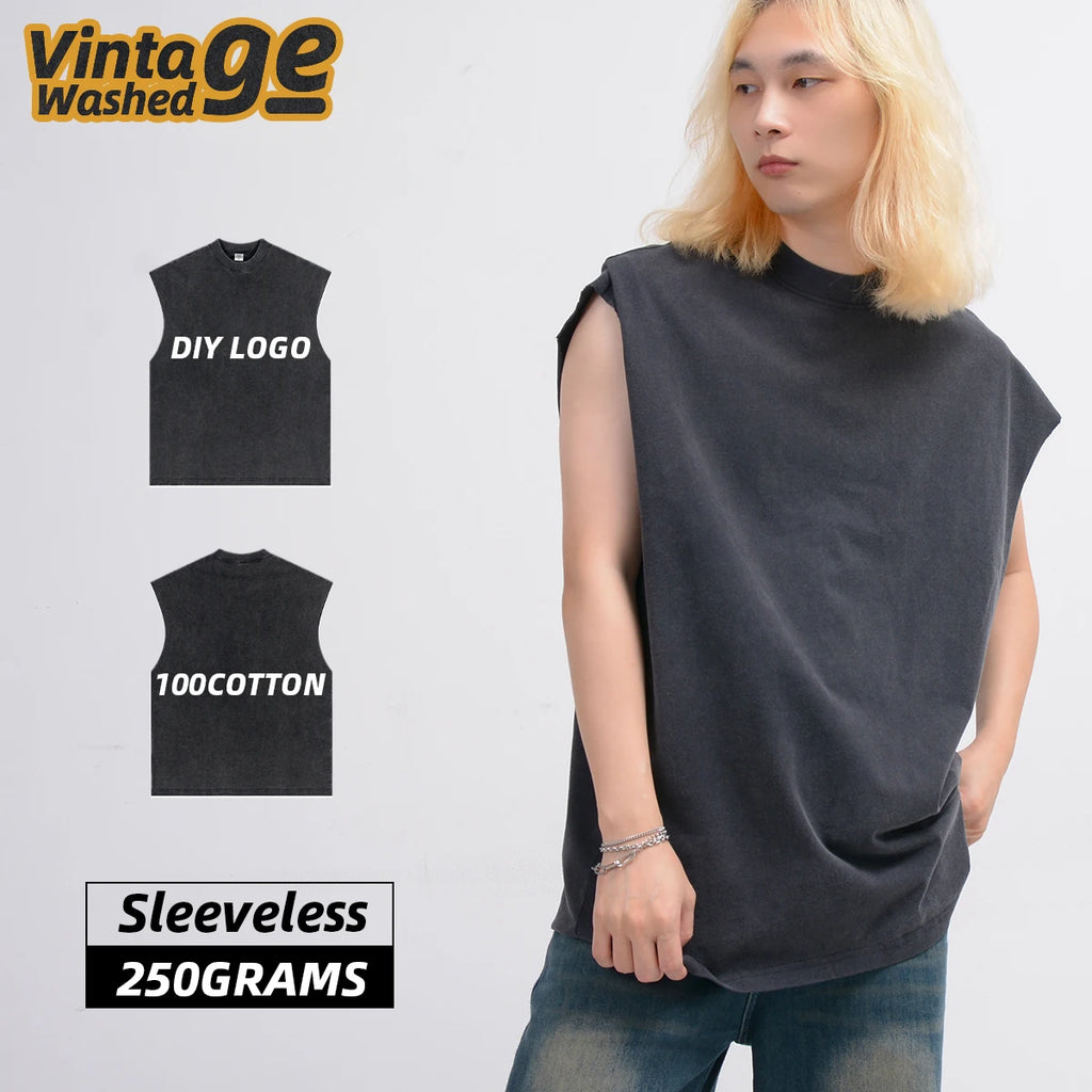 Men Acid Wash Tshirt Distressed Plain Vintage Custom Sleeveless t Shirt Camiseta Sin Mangas Para Hombre Sleeveless T-shirt