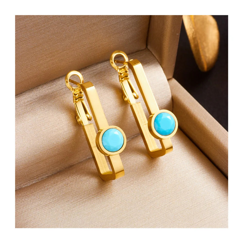 Fashion Tarnish Free 18k Pvd Gold Plated Stainless Steel Round Turquoise Stud Earrings for Lady Women