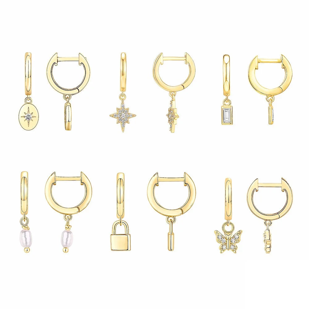 925 Sterling Silver Geometric Zirconia Pearl Star Anise Padlock Pendant 18K PVD Gold Plated Huggie Earrings Gift for Woman
