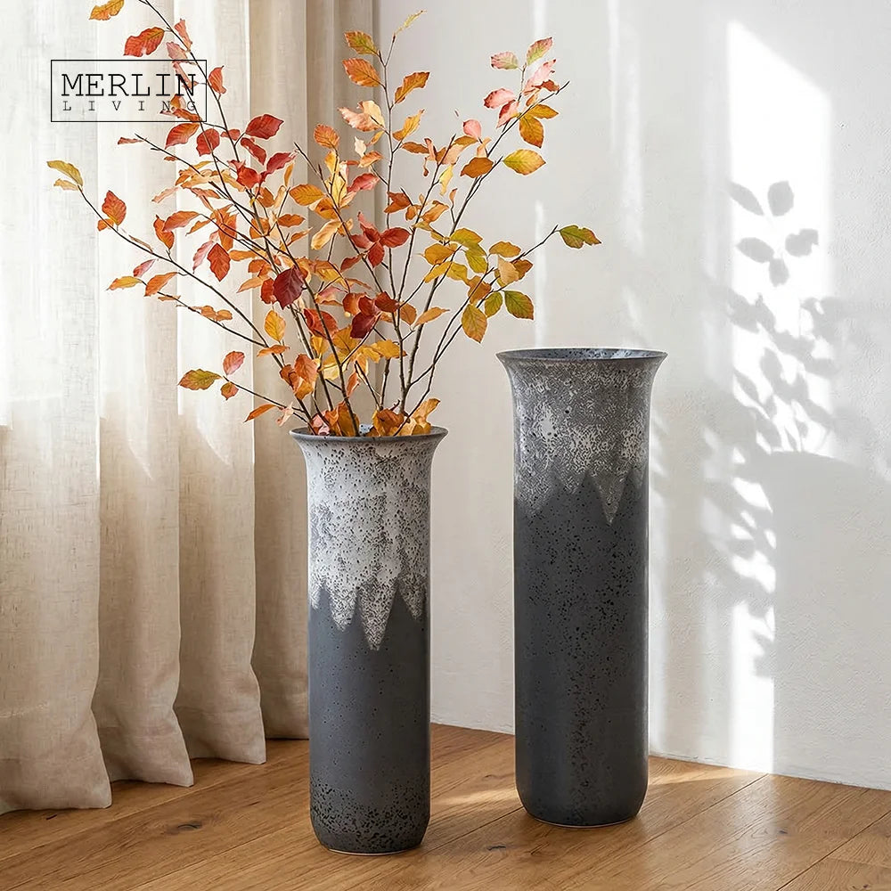 Merlin Living Luxury Ceramic Vase Grey Flower Glaze Design for Living Room Decor Vase with Light Decorative Function