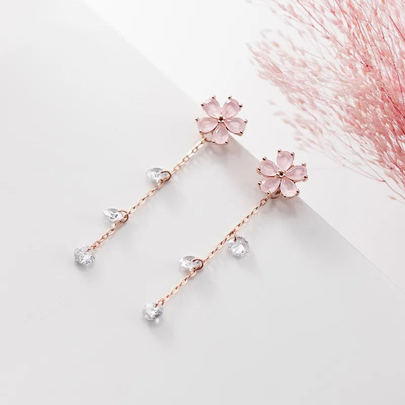 Pink Zircon Flower Shape Earrings Rose Gold Plated Long Tassel Chain 925 Sterling Silver Drop Earings Fashion Jewelry for Women