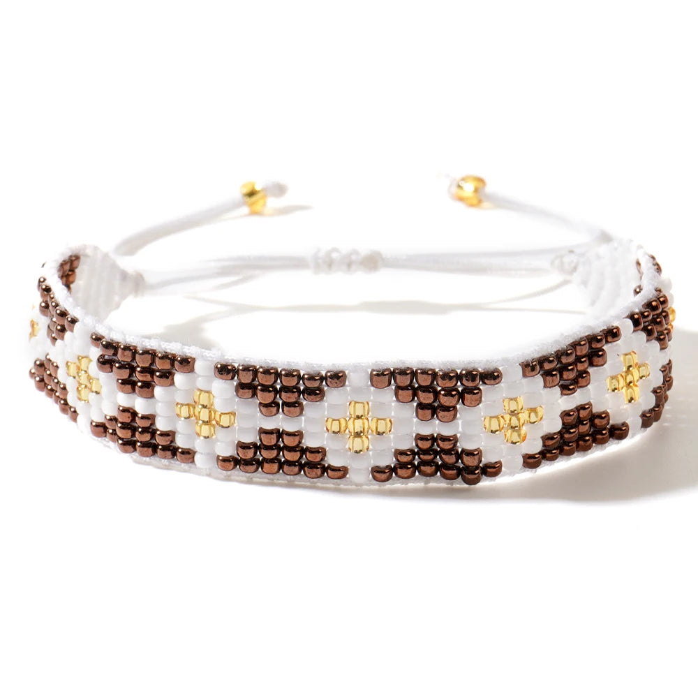 Go2boho Bohemian Handmade Bangles Women's Fashion Jewelry Braided Flower Design Woven Glass Beaded Bracelets for New Gifts
