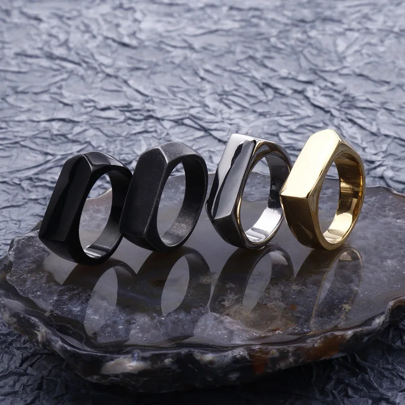 Custom Laser Logo Blank Silver Gold Vintage Black No Fade Stainless Steel Signet Ring Simple Arrow Design Rectangle Finger Ring