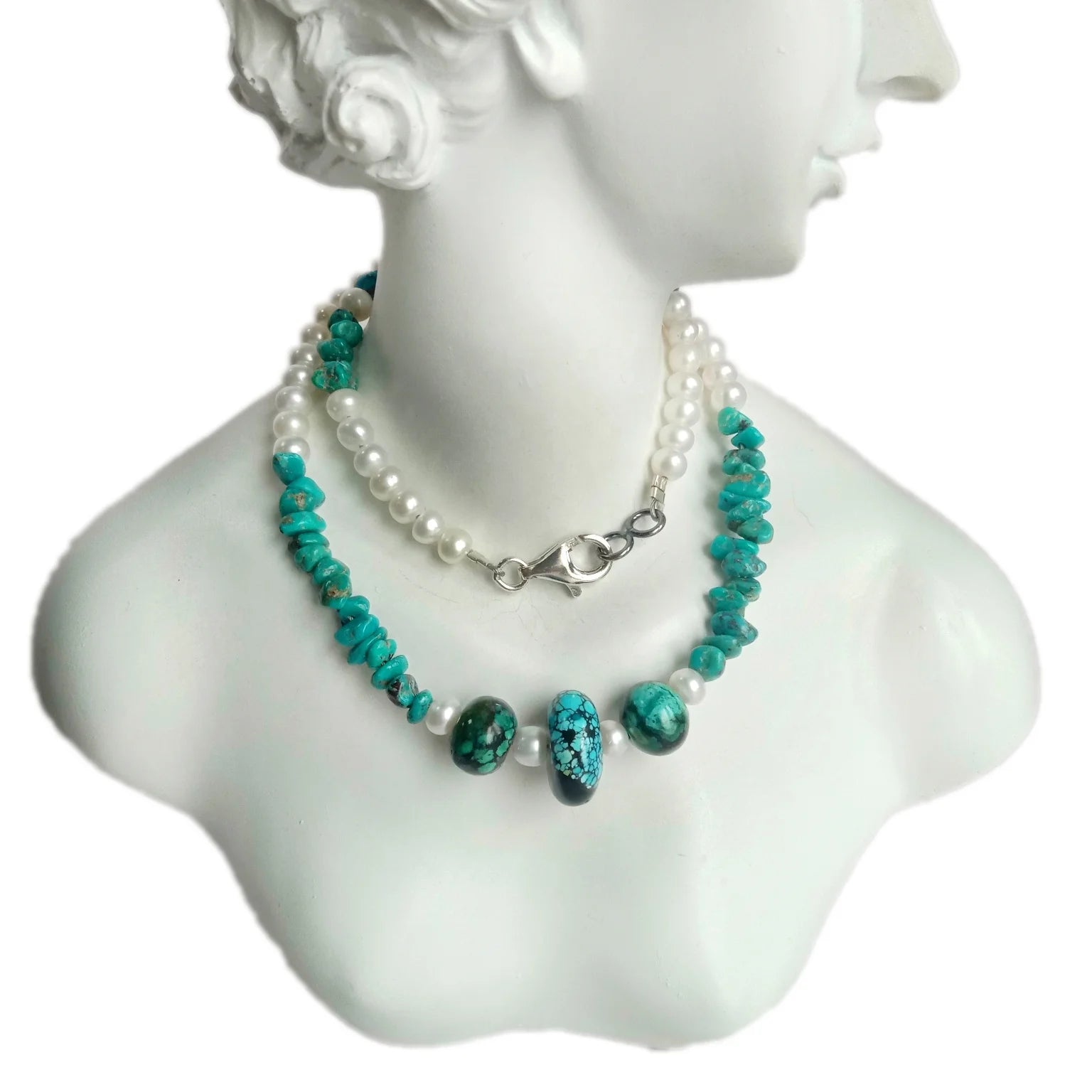 Natural blue Turquoise and white pearl 925 Sterling Silver handmade Gemstone Necklace jewelry