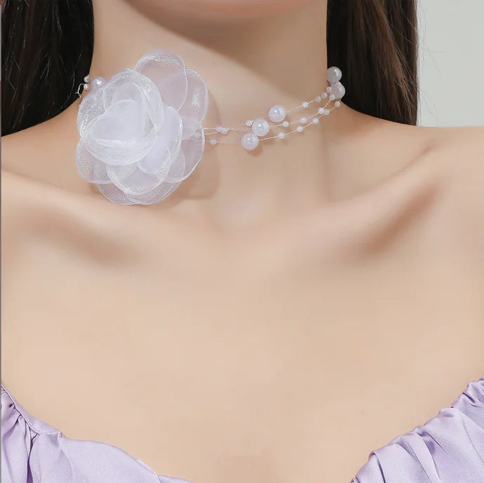 Fashion Fabric White Silk Flower Pearl Chain Choker Necklace Sweet Beaded Multi Layered Clavicle Chain Accessories Neck Jewelry