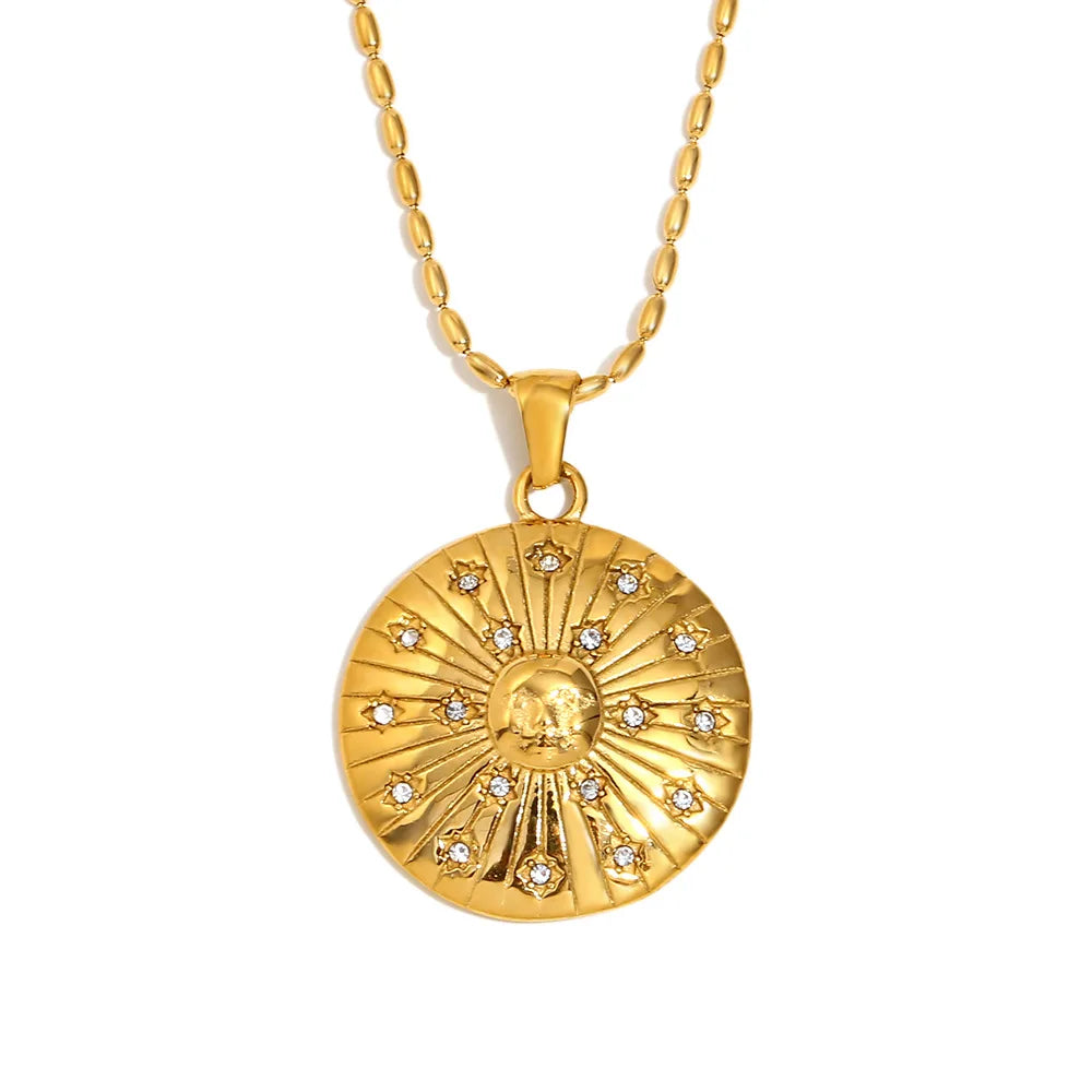 Fashionable Waterproof High Quality PVD Plated Stainless Steel Jewelry Stylish Unique Inlaid Zircon Round Pendant Necklace