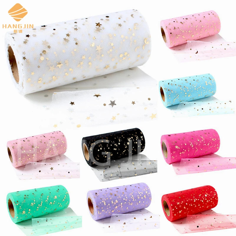 Christmas Golden Star Tulle Fabric Mesh 14cm*25yards Tutu Dress Tulle Polka Dot Fabric DIY Material Decoration Tulle Roll