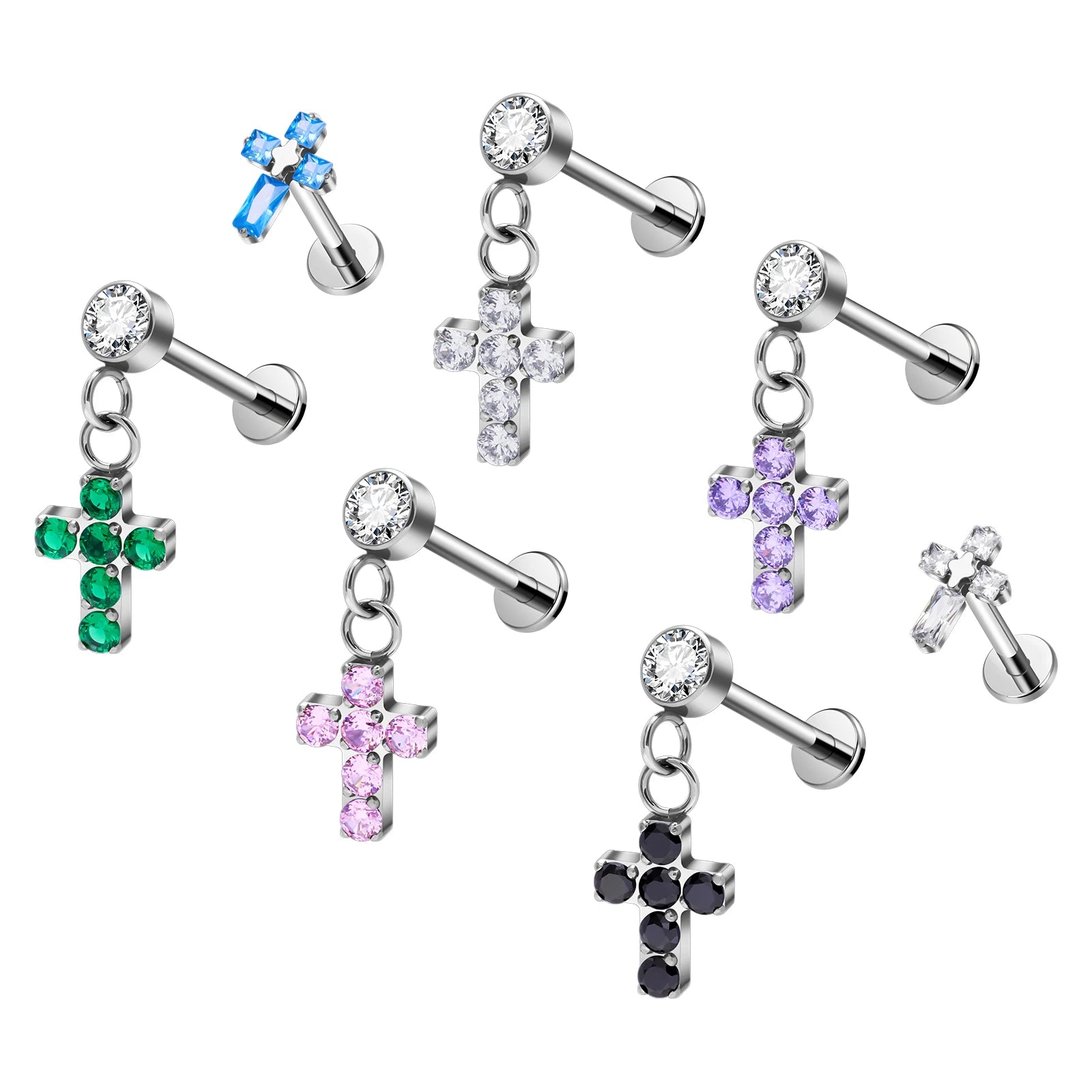 G23 Titanium Stud Earrings Piercing 16G Ear Nose Studs With Cross Pendant Zircon Earring Conch Helix Daith Labret Jewelry