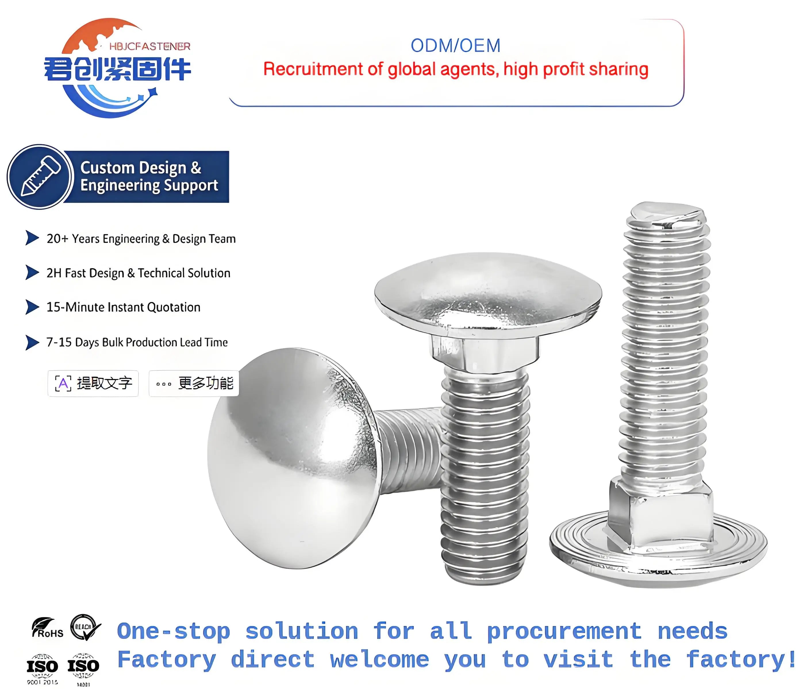 DIN Standard Galvanized Carbon Stainless Steel Bolts Semi-Round Head Square Neck Carriage Screws for Shelf Bridge Square Bolts