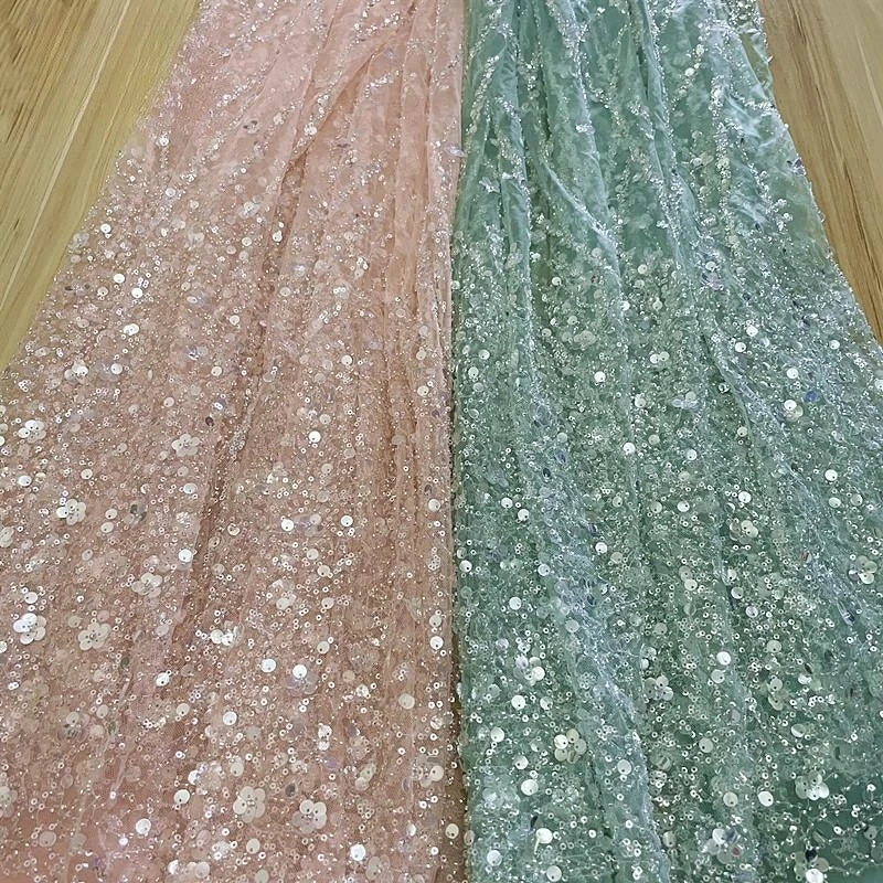 Luxurious 3D Embroidered Sequin Stripe Lace Fabric 100% Polyester Mesh with Pearls Customizable Wedding Apparel Fabric