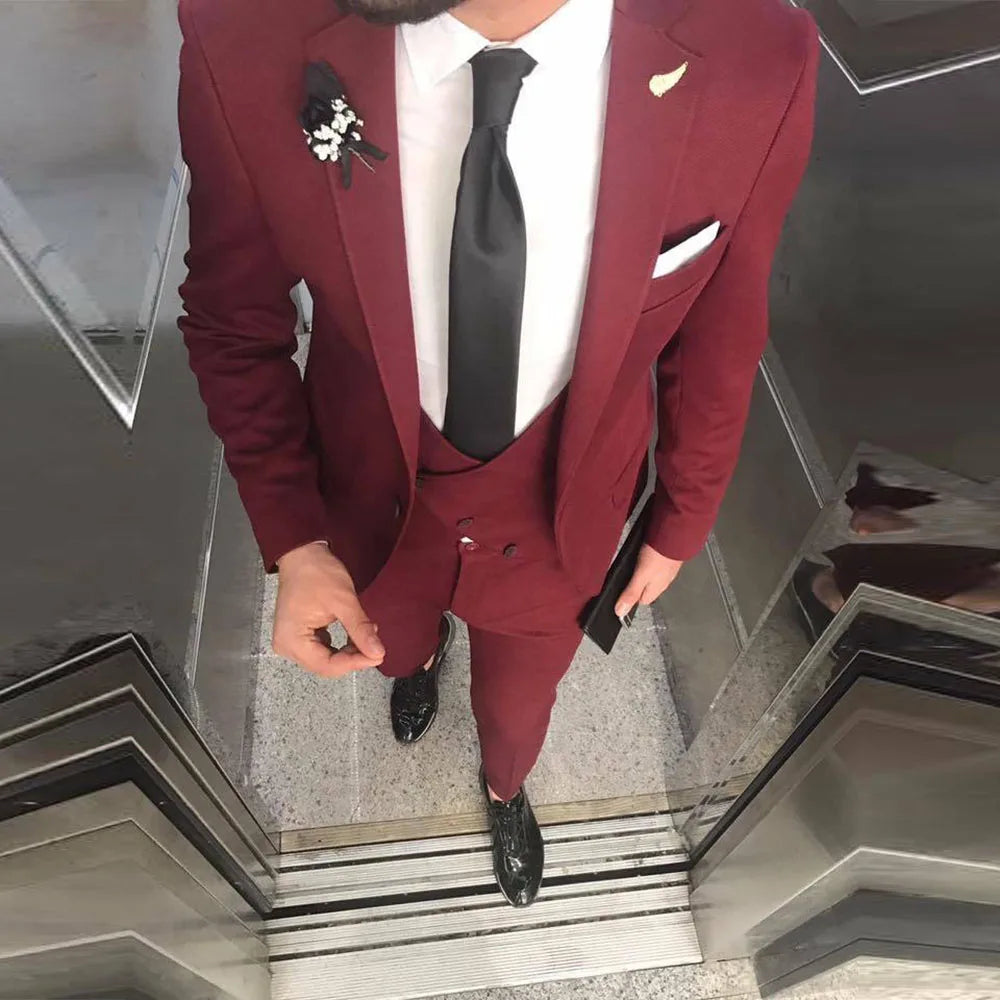 New Custom Made 2025 Burgundy Business Men Suits for Wedding 3 Pieces Tuxedos Slim Fit for Groomsman Tuxedo Groom Suit Sets