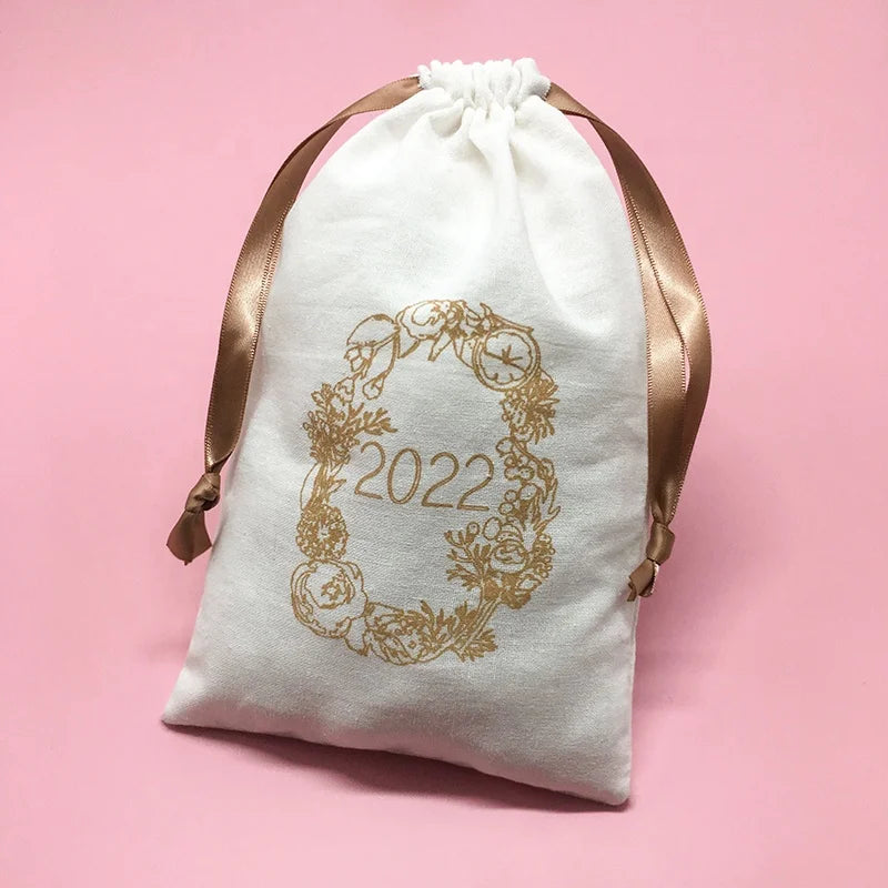 2022 Customized Fashion Recycle Gift Cotton Pouch Drawstring Craft Toy Dust Bag With Brown Ribbon