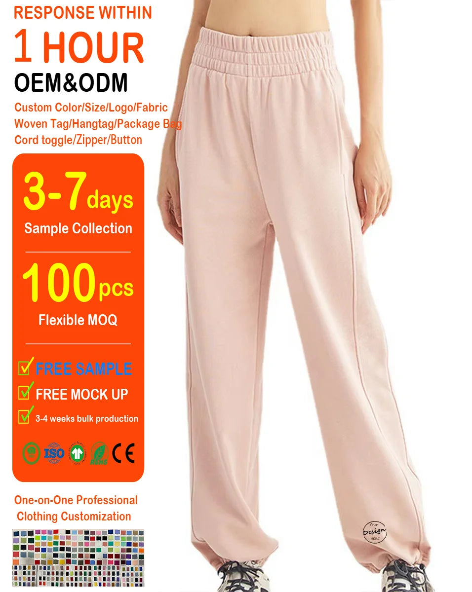 OEM Winter Women Clothing Blank Jogger Cotton Custom Elastic High Waisted Sweat Pants Fleece Terry Baggy Cotton Sweatpants Women