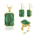 Emerald Gemstone Vintage Engagement Wedding 925 Sterling Silver 18K Gold Plated Jewelry Set with Ring Earrings Pendant for Women