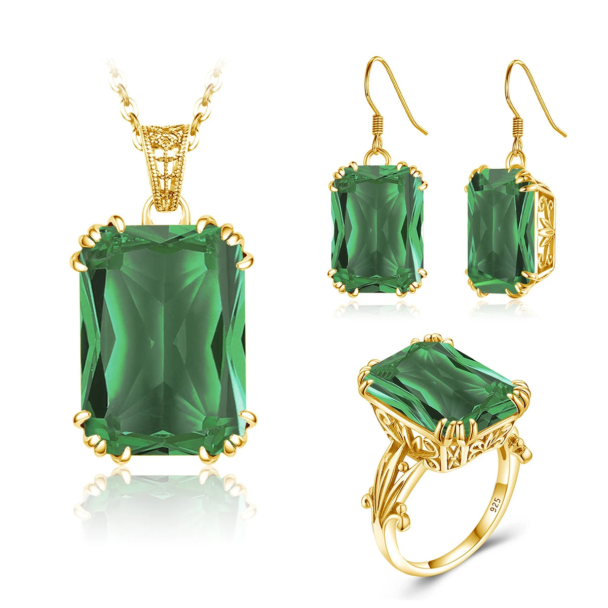Emerald Gemstone Vintage Engagement Wedding 925 Sterling Silver 18K Gold Plated Jewelry Set with Ring Earrings Pendant for Women