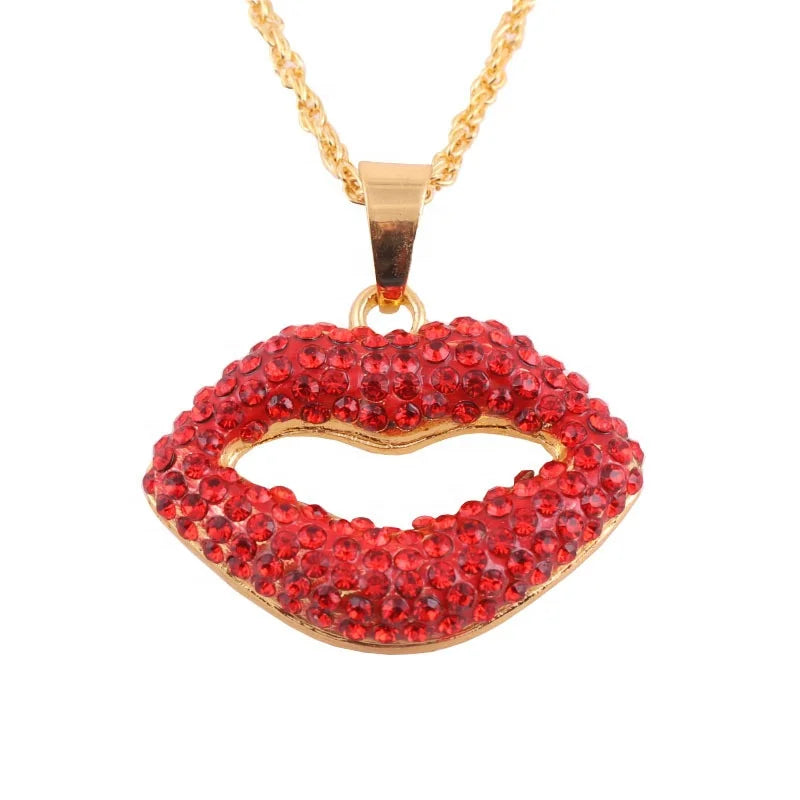Trendy Gold Plated Hip Hop Rhinestones Bling Big Mouth Choker Jewelry Alloy Lip Pendant Rope Chain Necklaces for Women