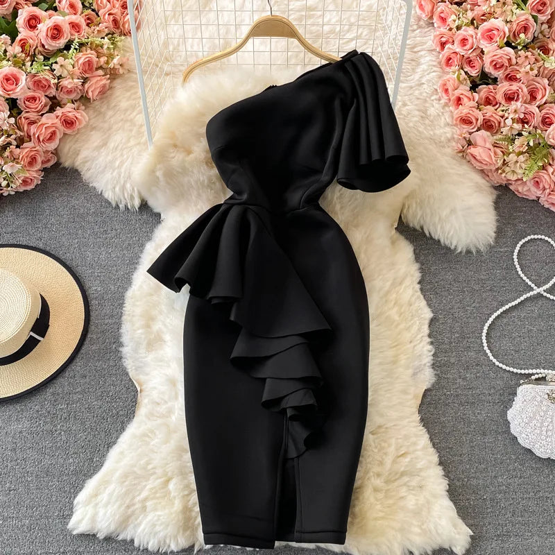 S M L Short Gown Elegant Split Bodycon Bandage One Shoulder Party Dress for Evening Lady Ol Office Dresses Women Formal Work