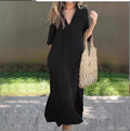 Women's  Solid Color V-neck Pleated Casual Dress