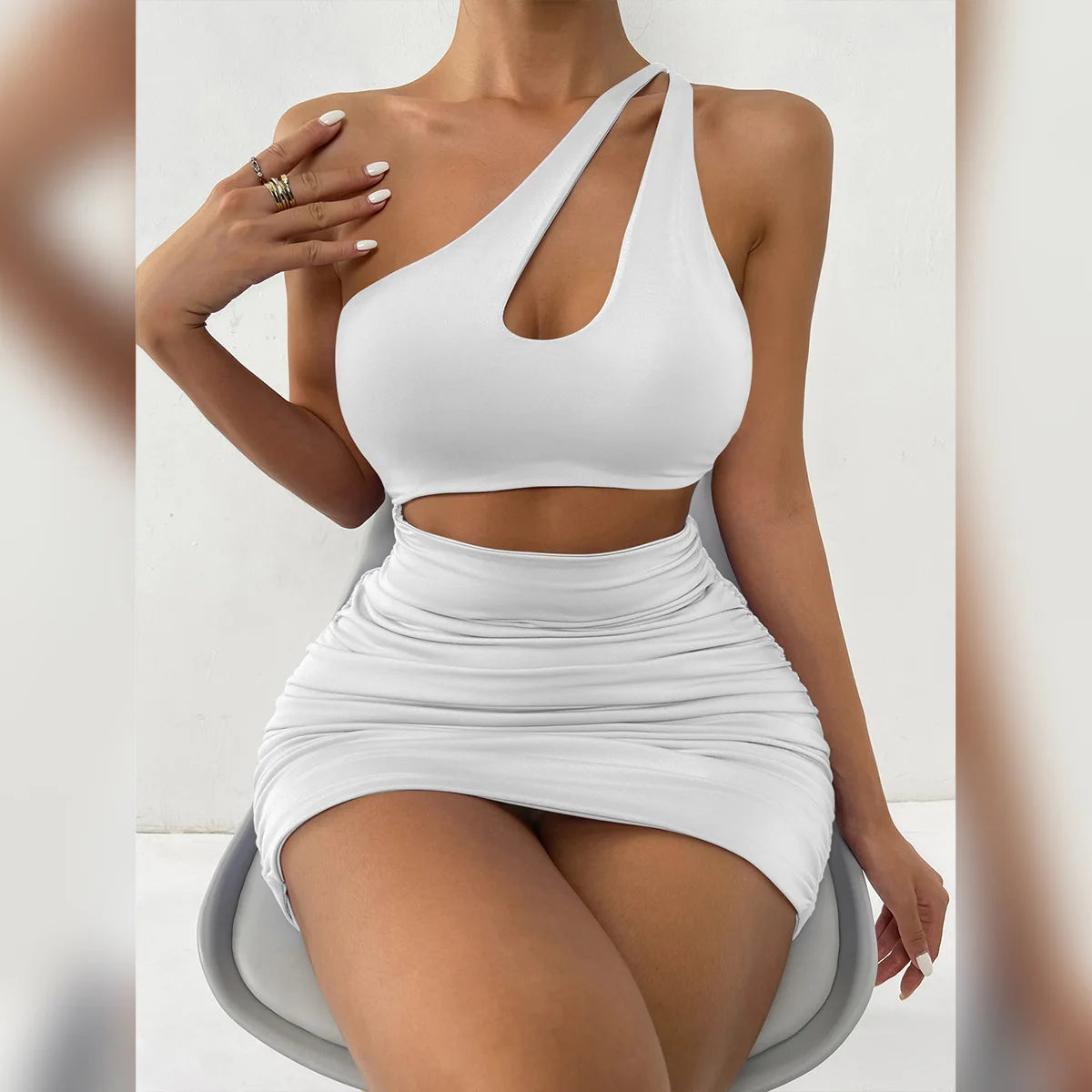New One Shoulder Hollow Out Backless Strap Ruched Elegant Mini Sexy Party Night Club Bandage Dress