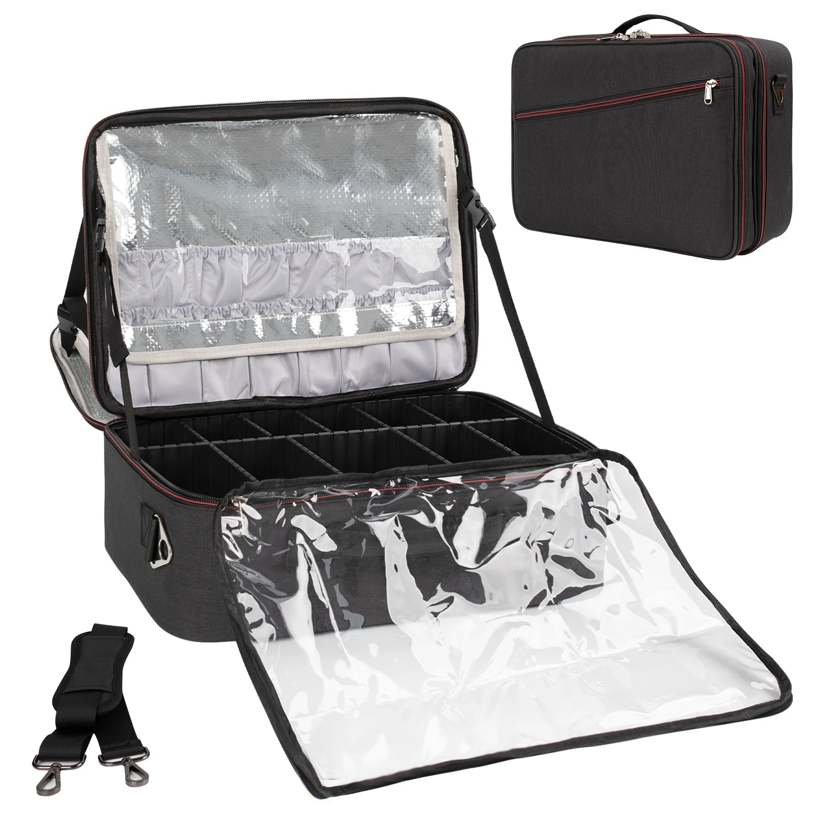 For Relavel 16\" Portable Cosmetic Bag Organizer Heat Insulation Empty Makeup Case Nylon Divider Zipper Washable Plastic
