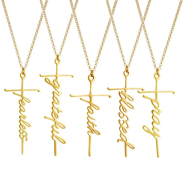 SC Wholesale Gold Plated Cross Pendant Necklace Creative Inspirational Letter Hope Believe Grateful Charms Cross Necklace Women