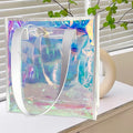 Wholesale New Laser Holographic Pvc Shopping Bag with White Pu Leather Handle Custom Holographic Pvc Shopping Tote Bag