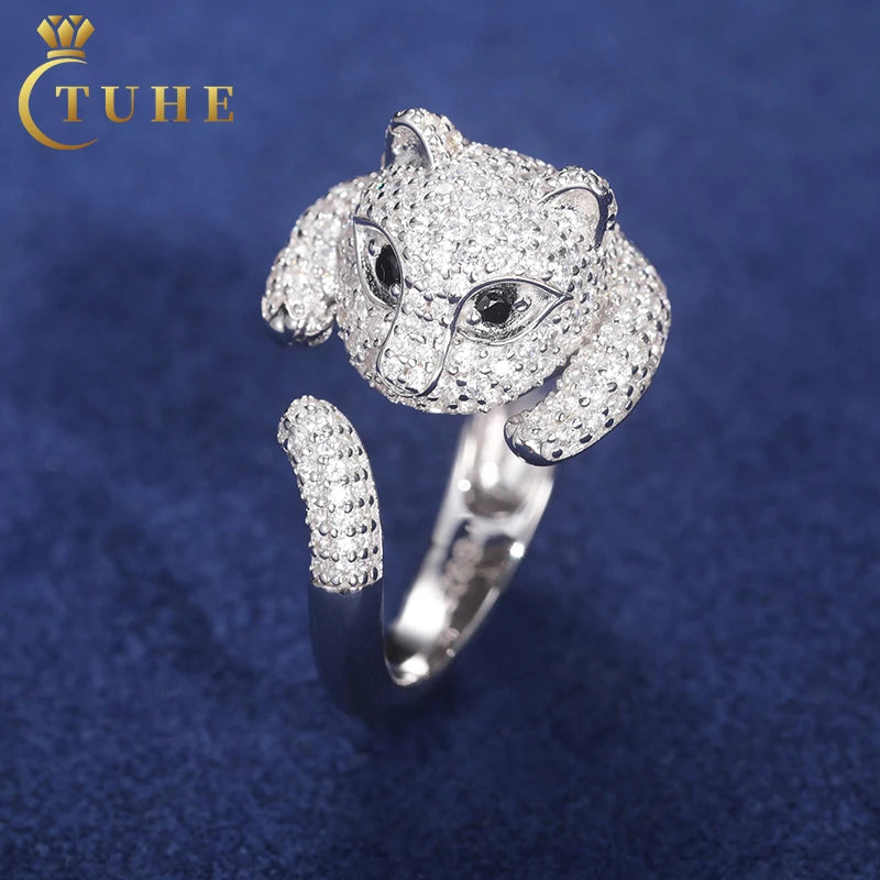 Original New Design Wedding Jewelry Adjustable 925 Silver White Gold Moissanite Creative Leopard Head Animal Ring