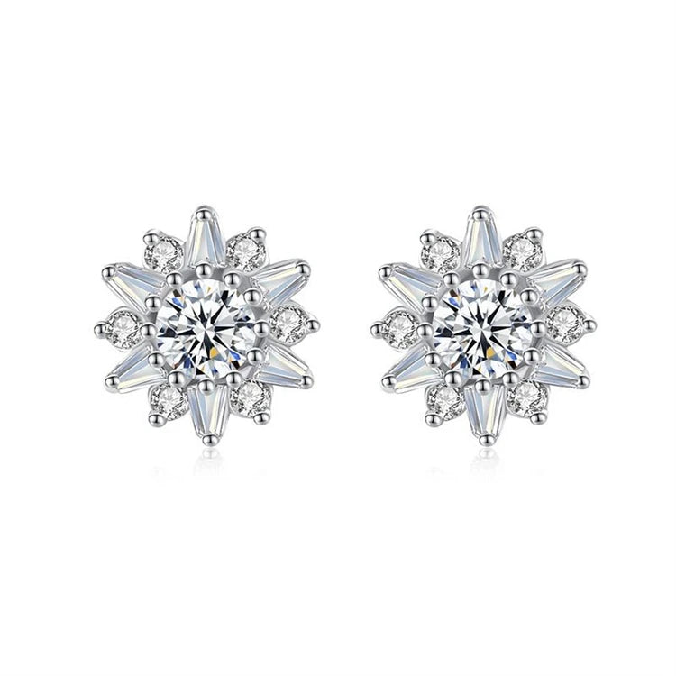 Fashion 925 Sterling Silver Sun Flower Shape Stud Earrings Women Simple Exquisite CZ Diamond Crystal Earrings