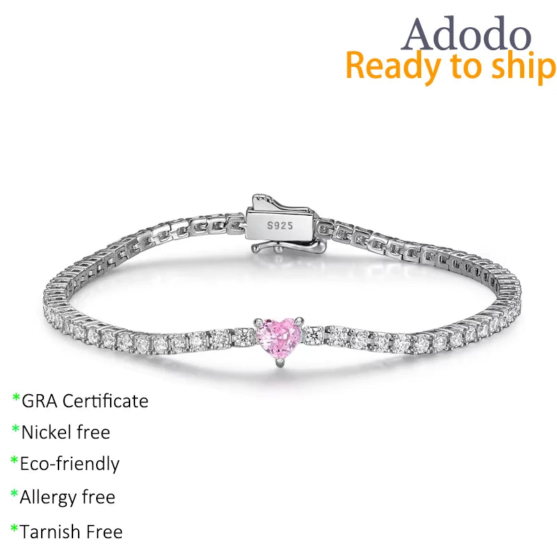 Fine Jewelry Heart Cut 0.5 CT VVS GRA Pink Moissanite Bracelets S925 Sterling Silver Rhodium Plated Tennis Chain for Women